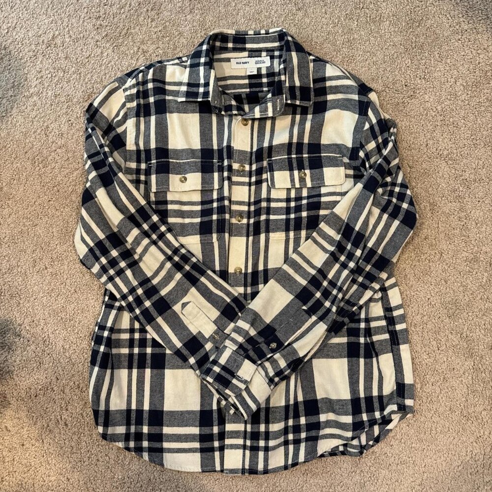 Men's Navy & White Plaid Flannel Shirt